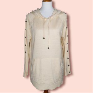 Soft Surroundings Green Briar Knit Hoodie Size Large Cream Wool Blend Buttons